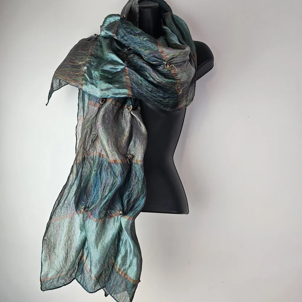 Green Shawl Scarf Lagenlook Festival Boho Artsy Art to Wear Irridescent Sheer‎
